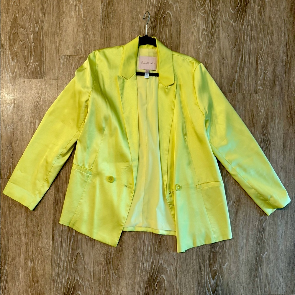Anthropologie Hutch Satin Blazer Size Small Chartreuse Oversized
